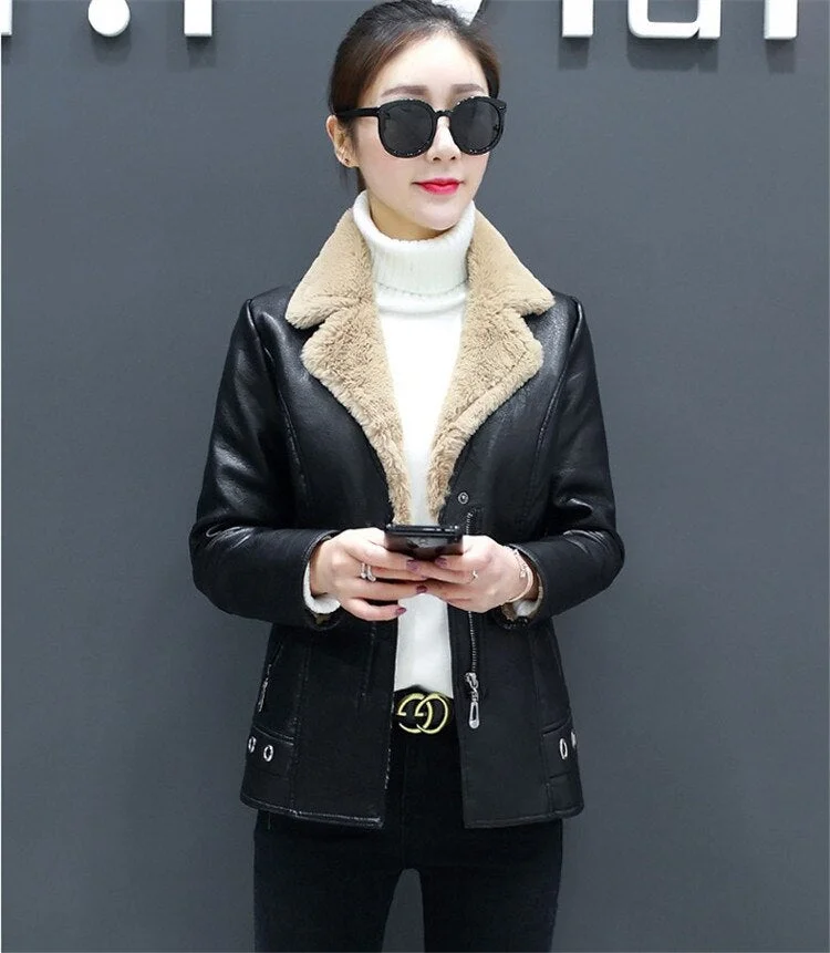 2019 fashion winter faux leather jacket women flocking warm short Outerwear female Slim black motorcycle coat Plus size 5XL G598