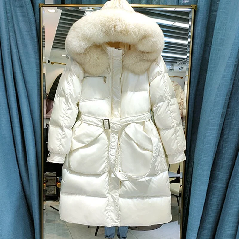Nncharge Winter Female Large Real Fur Collar Hooded Long Coat Casual Lady Bright Side Coat Women White Duck Down Coat with Belt