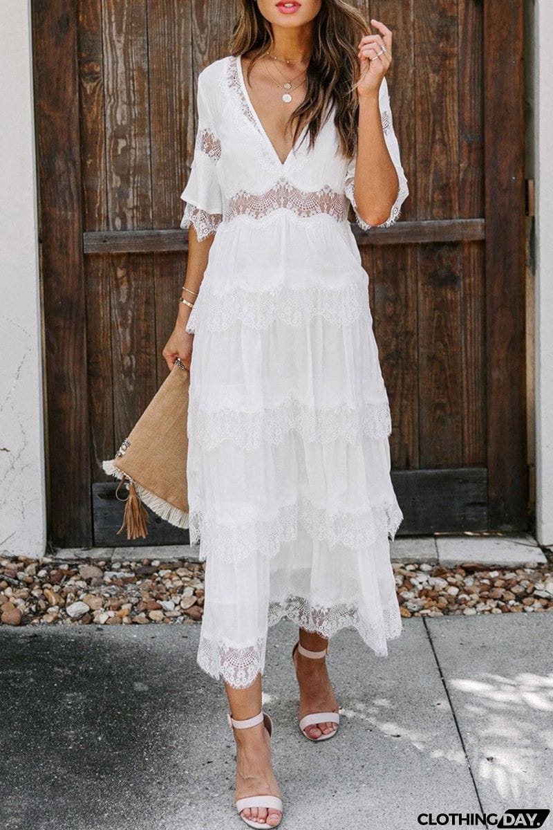 Elegant Solid Lace V Neck Cake Skirt Dresses(3 Colors)