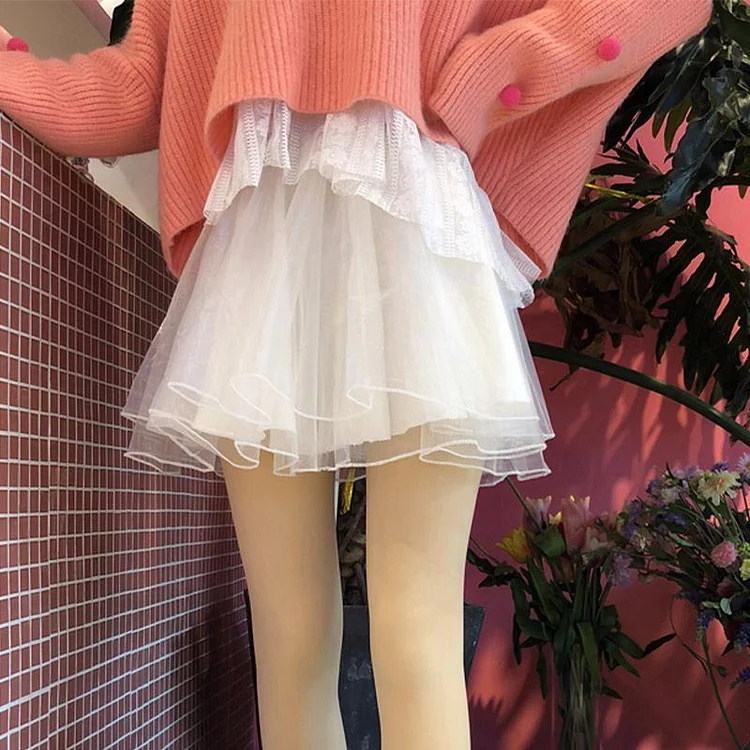 Elastic Waist Net Yarn Sweet Skirt