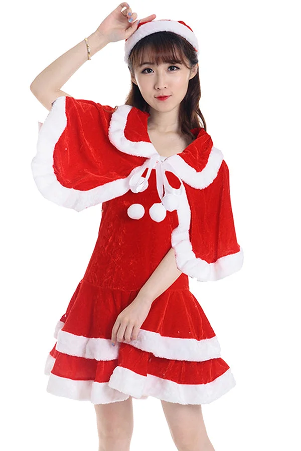 Fancy Cute Fur Trim Santa Costume For Women Red-elleschic