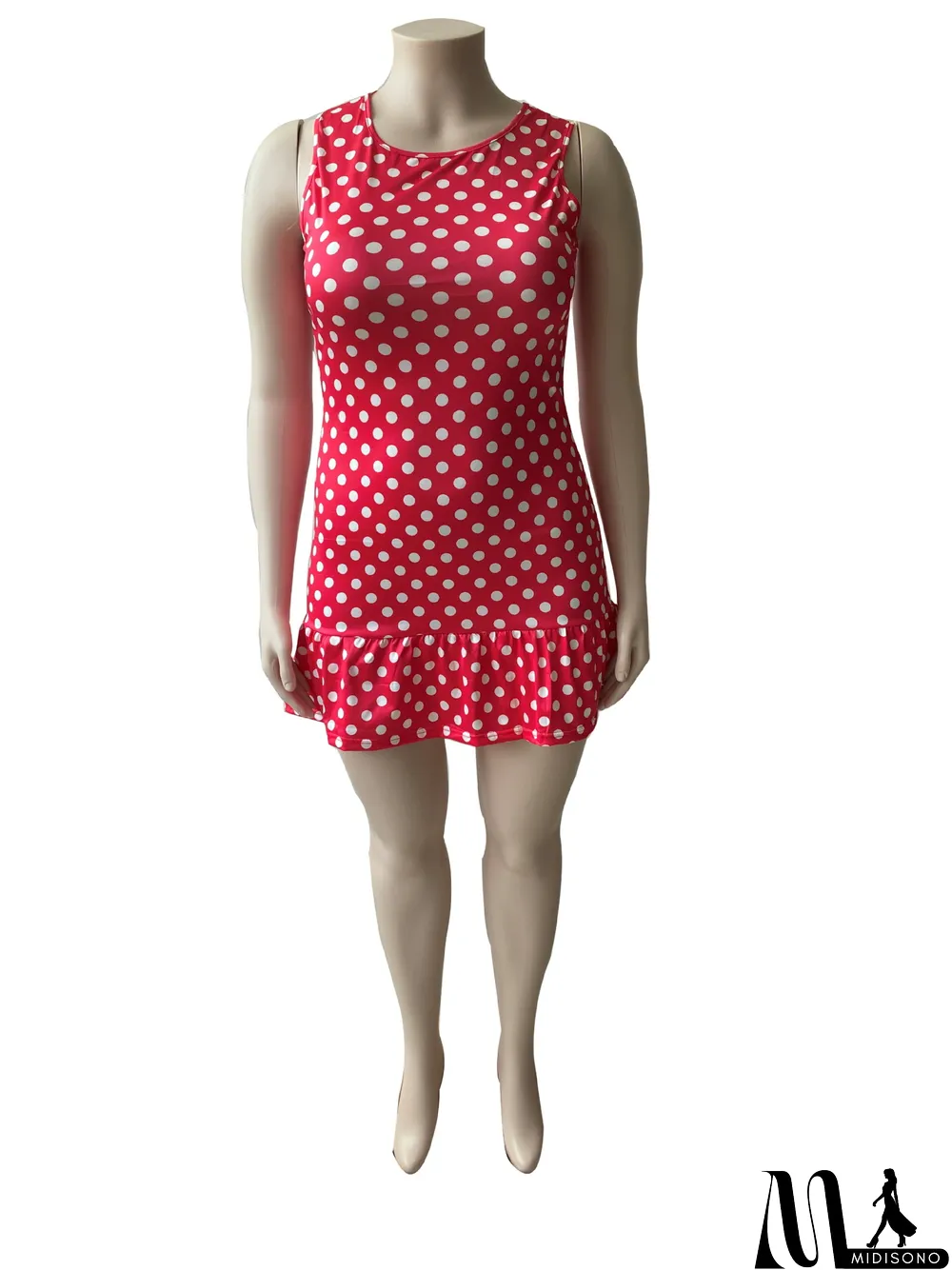 MidiSono - Plus Size Polka Dot Print Sleeveless Mini Dress (Without Belt)