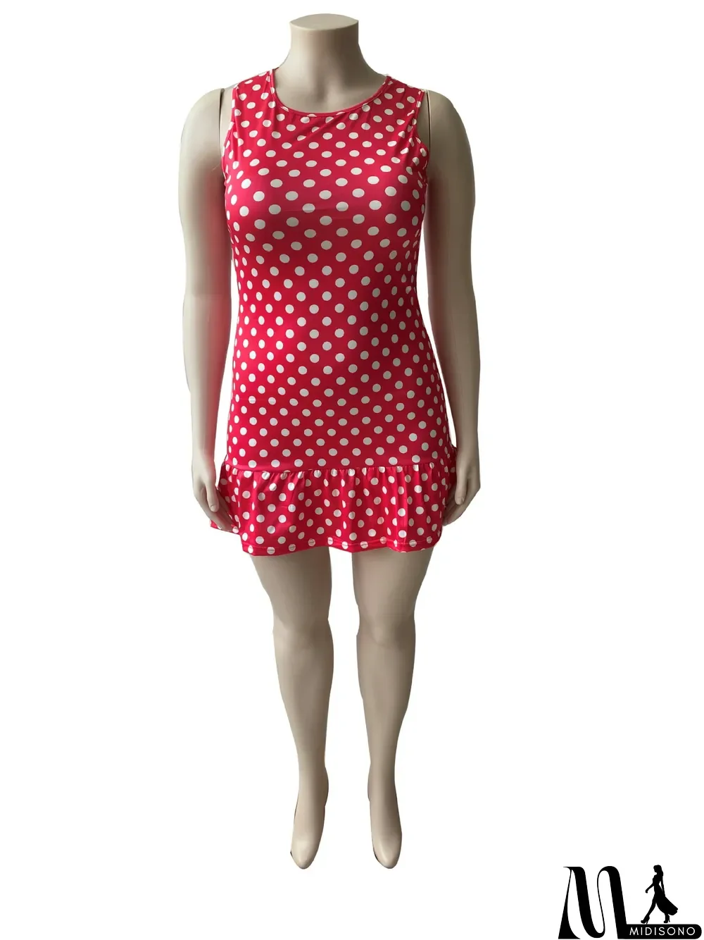 MidiSono - Plus Size Polka Dot Print Sleeveless Mini Dress (Without Belt)