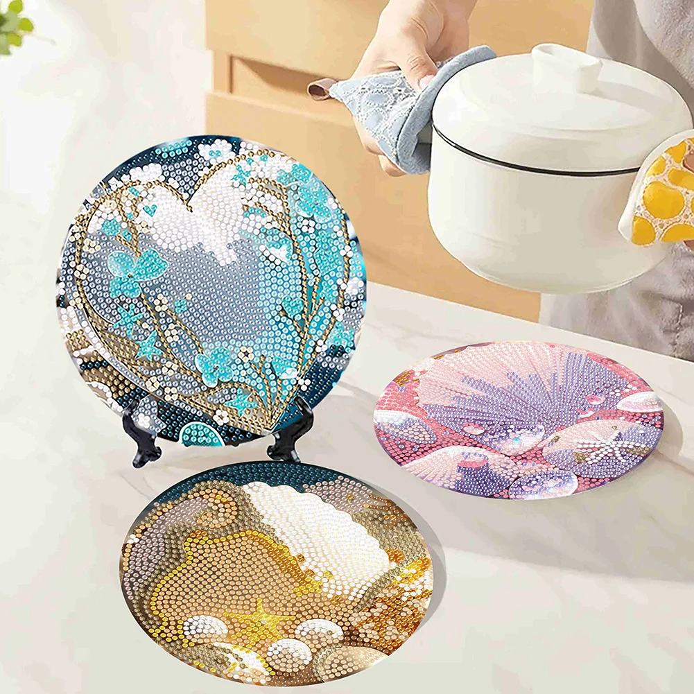 4pcs DIY Beach Starfish Acrylic Diamond Painting Placemats Kitchen Dish Mat with Holder