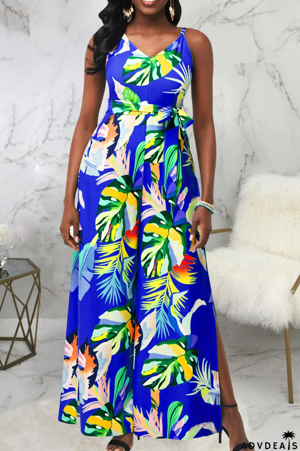 Red Casual Print Patchwork Spaghetti Strap Straight Jumpsuits