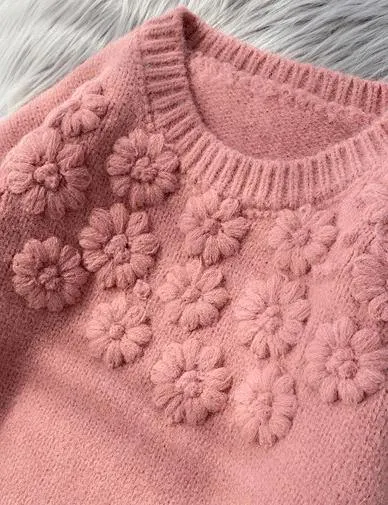 Comfy beige knitted top o neck embroidery oversize knit tops