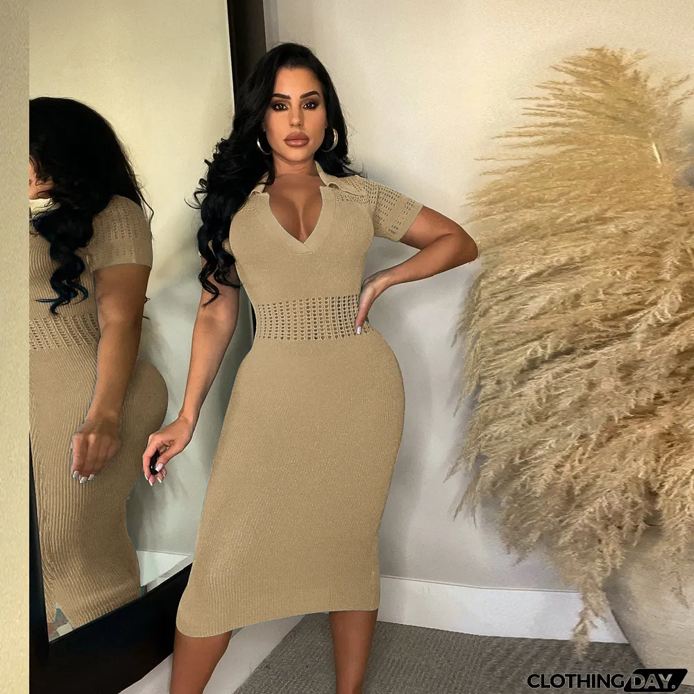 Plus Size Sexy Slim Fit Lapel Sweater Midi Dress