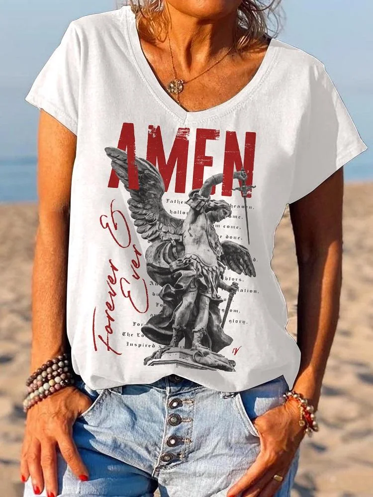 White Amen Letter Print Women's V Neck T-Shirt