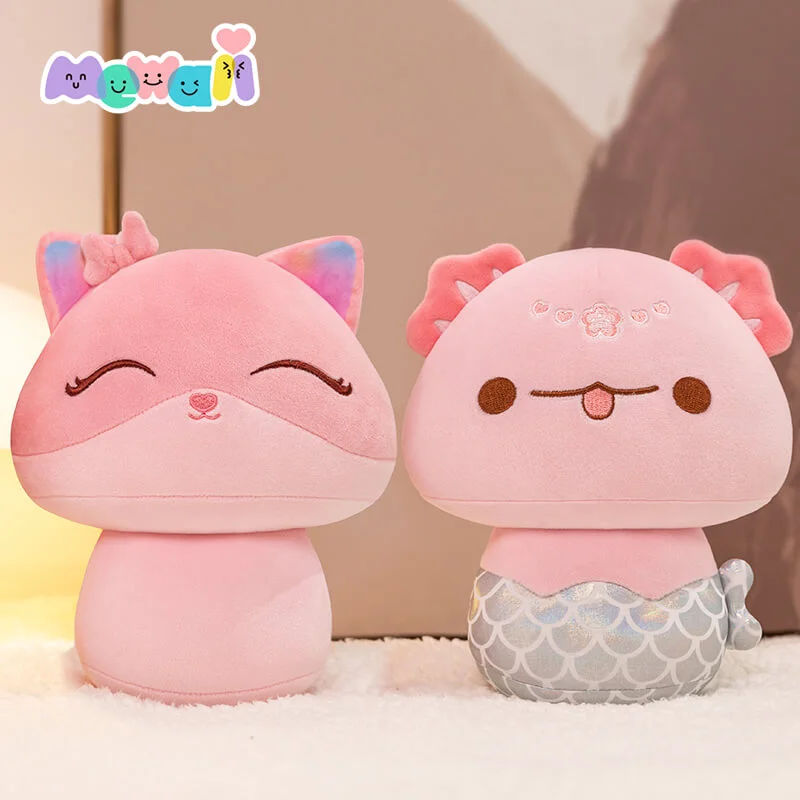 2-Pack Mewaii® Mushroom Family Pink Fox & Mermaid Axolotl Kawaii Plush Pillow Squish Toy