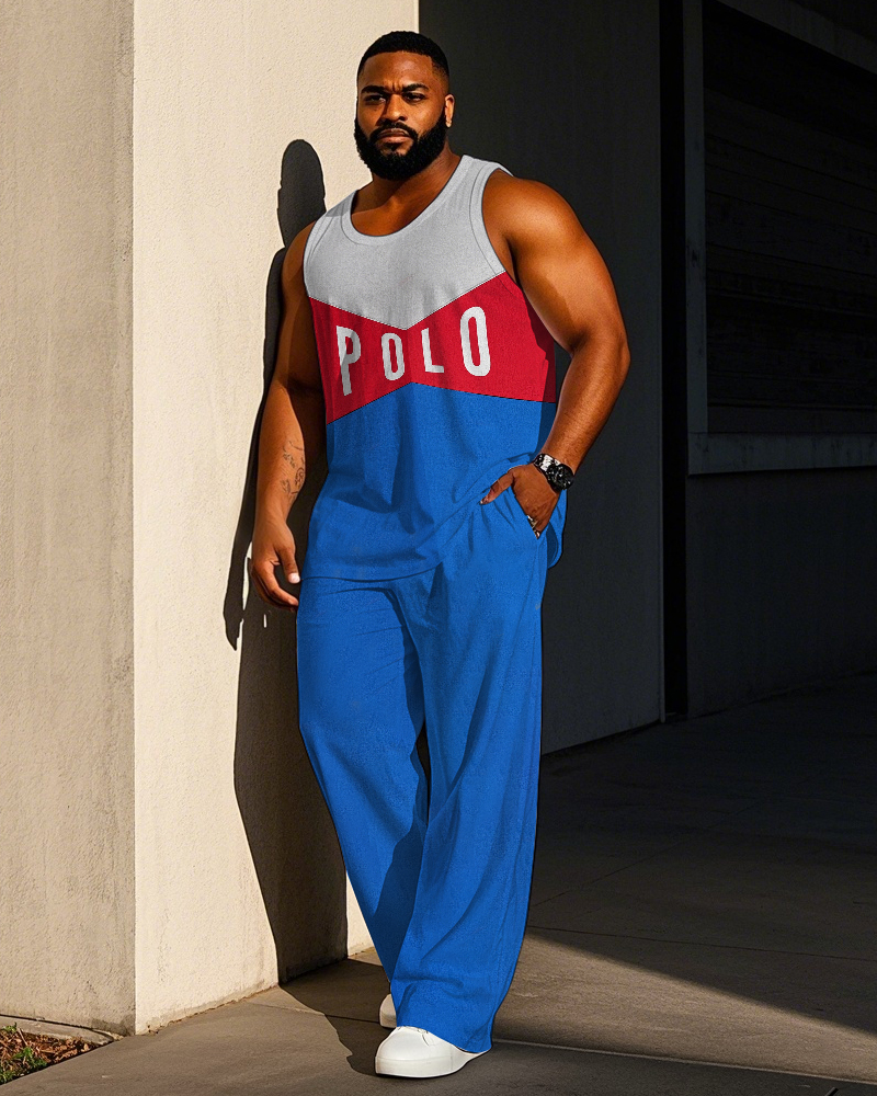 Big Men's Casual Simple POLO Letter & Regular Color Block Printed Sporty Vest and Pants Set
