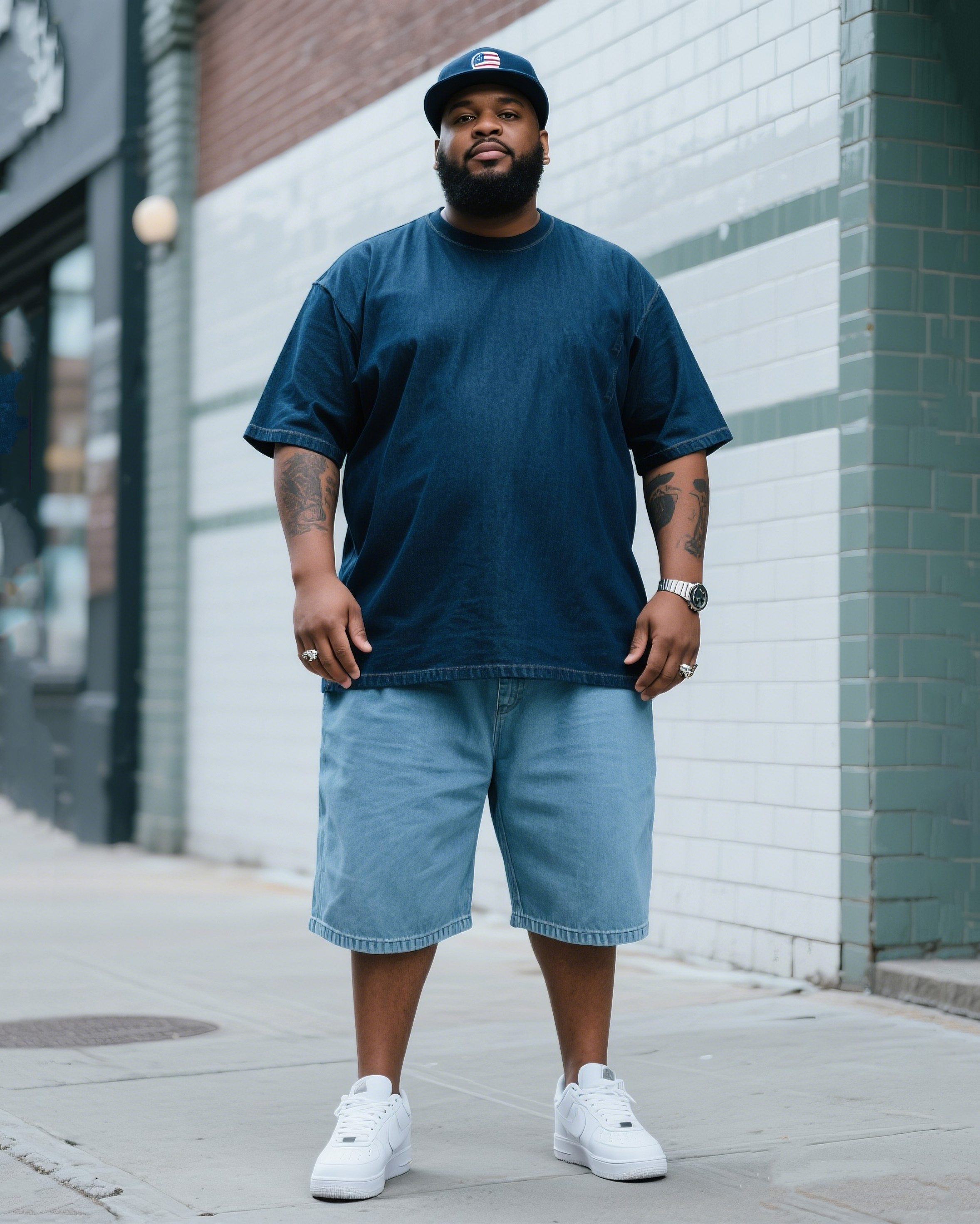 Big People Solid Color Short Sleeve Shorts Denim Suit