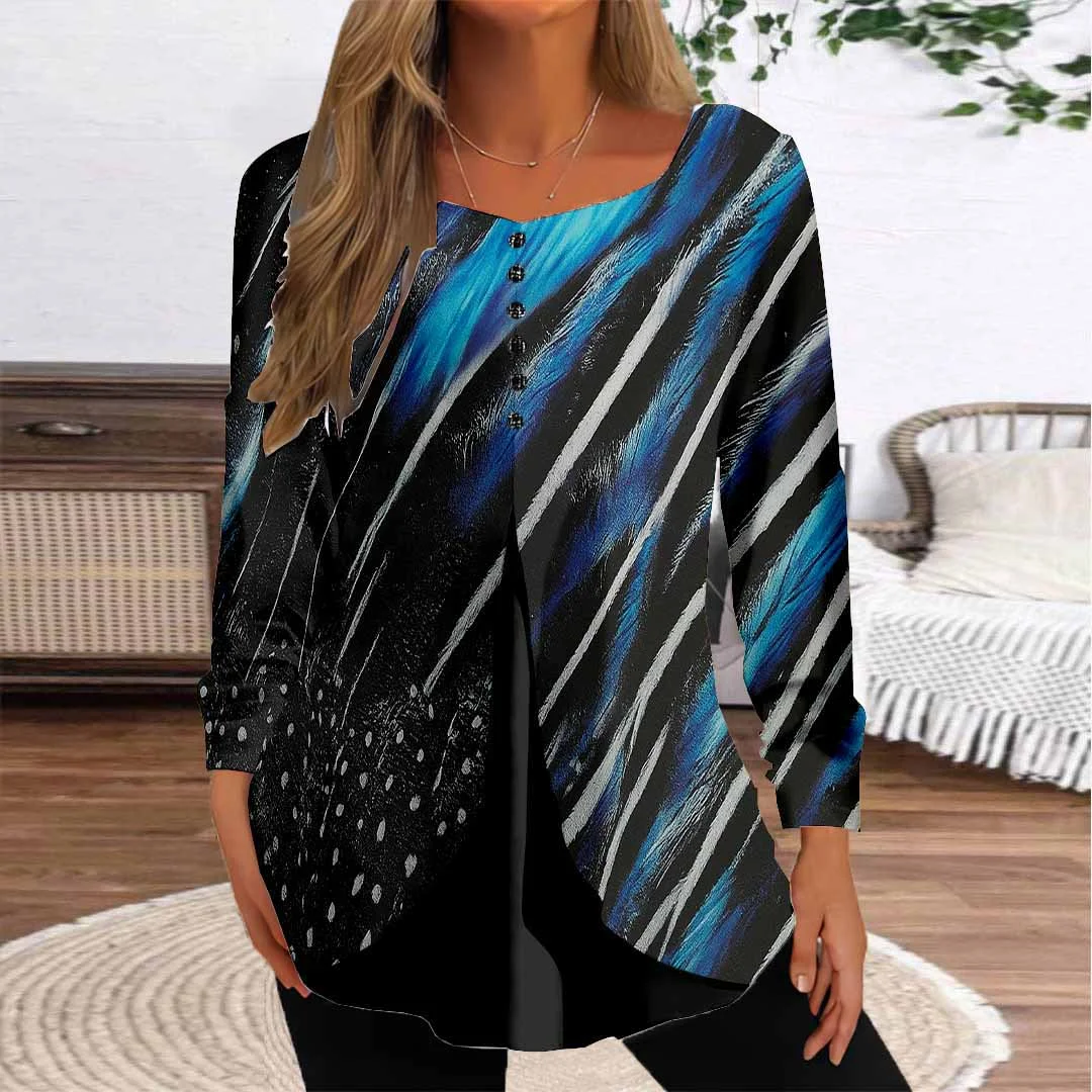 Women Graphic,Blue DZGG8304 Long Sleeve Scoop Neck Printed Graphic Button Fake 2in1 Tops