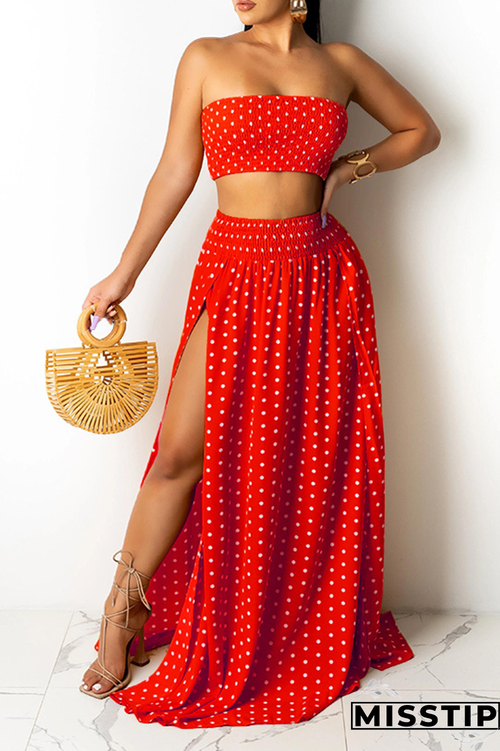 Yellow Sexy Dot High Opening Strapless Sleeveless Two Pieces