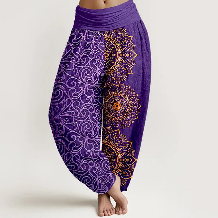 Cotton Golden Mandala Floral Pattern Women's Elastic Waist Harem Pants