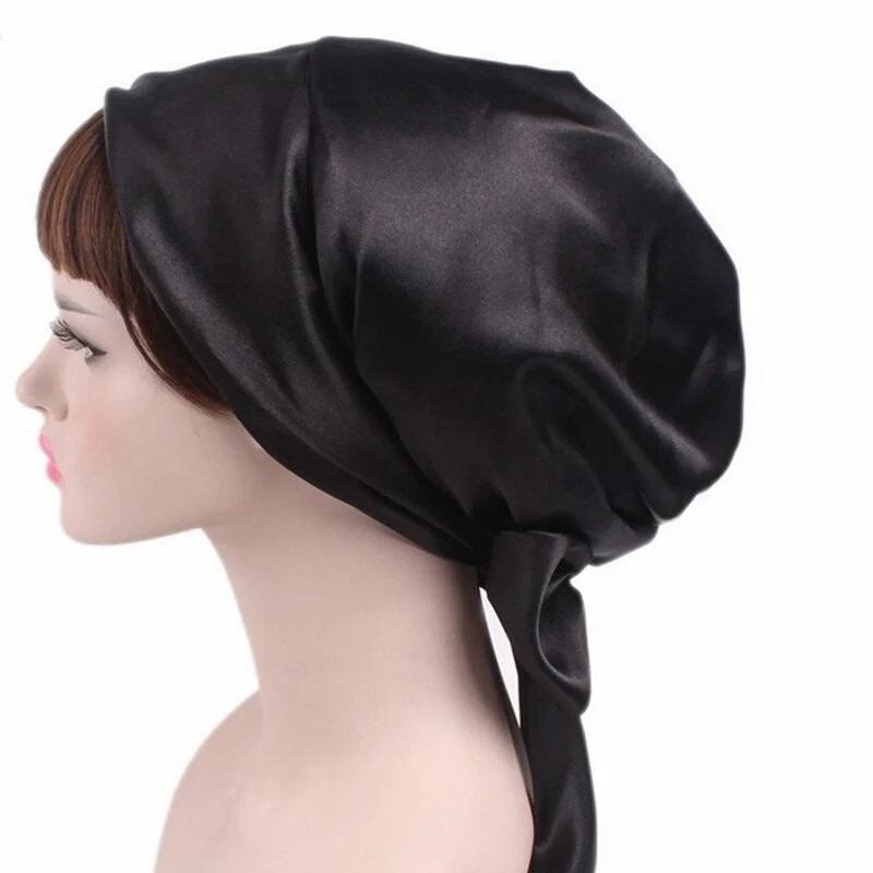 New Soft Silk Women Night Sleep Head Wear Shower Wrap Cap Adjustable Ladies Long Hair Care Bonnet Scraf Satin Hat Accessories