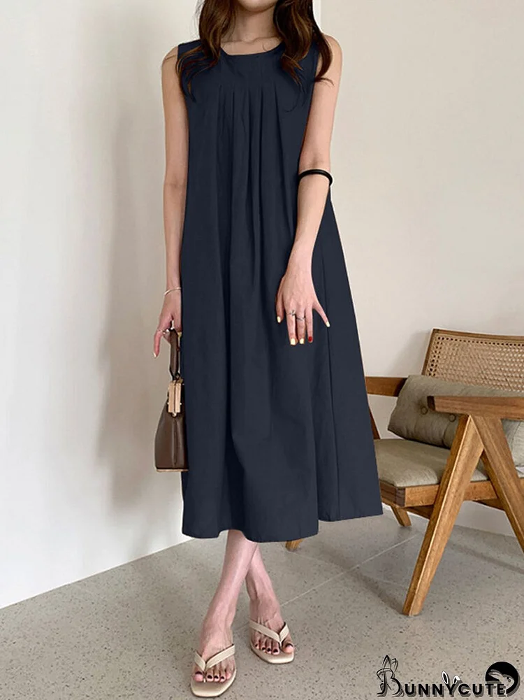 Solid O-neck Pleated Sleeveless Pocket Women Casual Dress