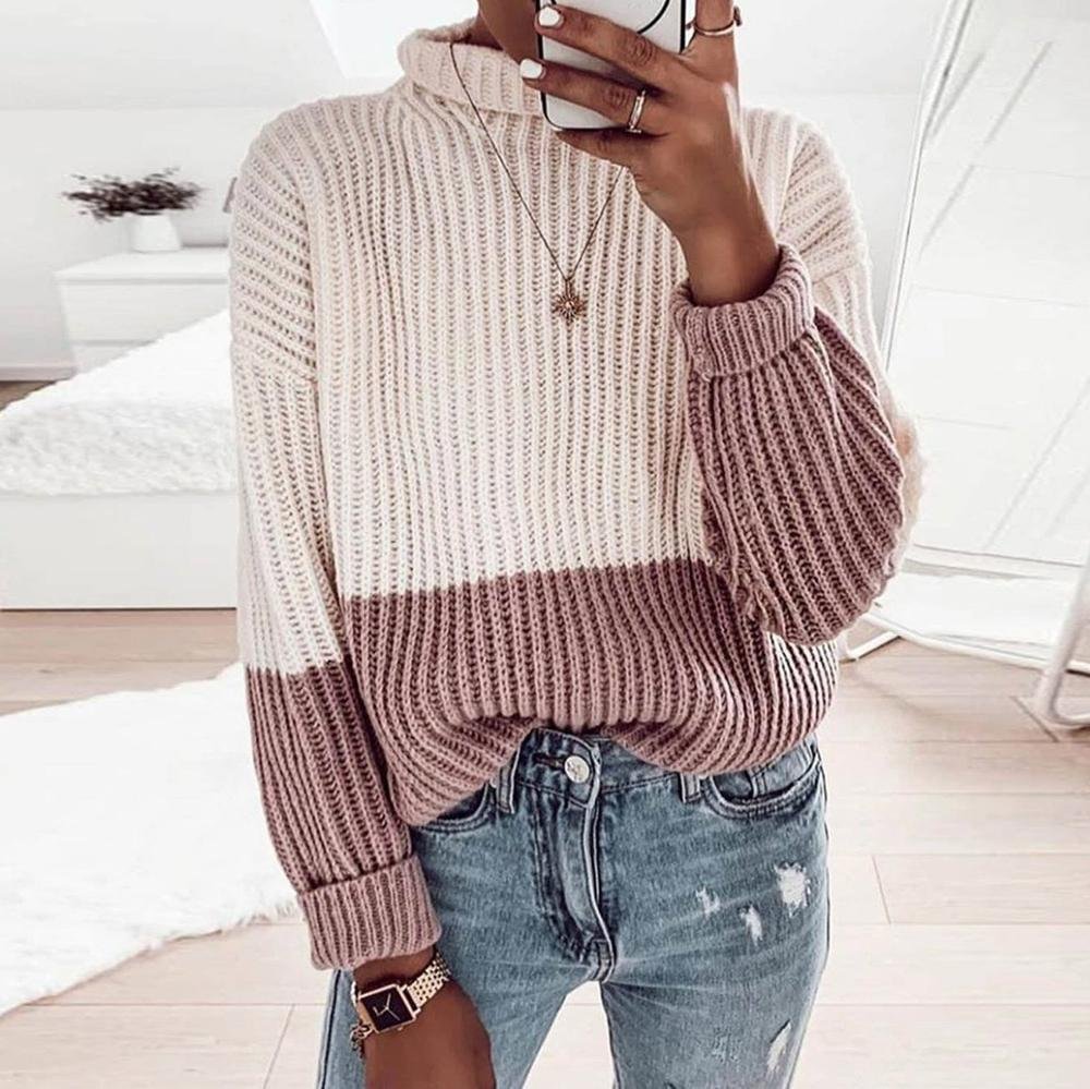 Romantic Color Block High Neck Long Sleeve Sweater