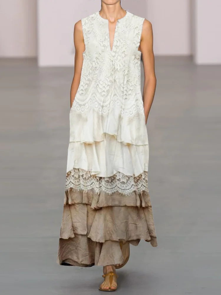 Floral Lace Layered Flowy Maxi Dress