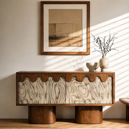 【美品】TheArth×NATAL DESIGN床上手 AIOT! ver. 55.1'' Wabi-Sabi Walnut TV Stand with Scalloped Doors Mid Century Mod