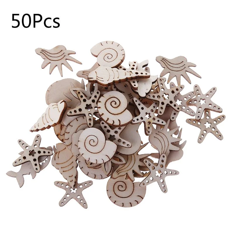 50Pcs/Bag Laser Cut Wood Embellishment Wooden Sea Shell Marine life Shape Craft Wedding Decor