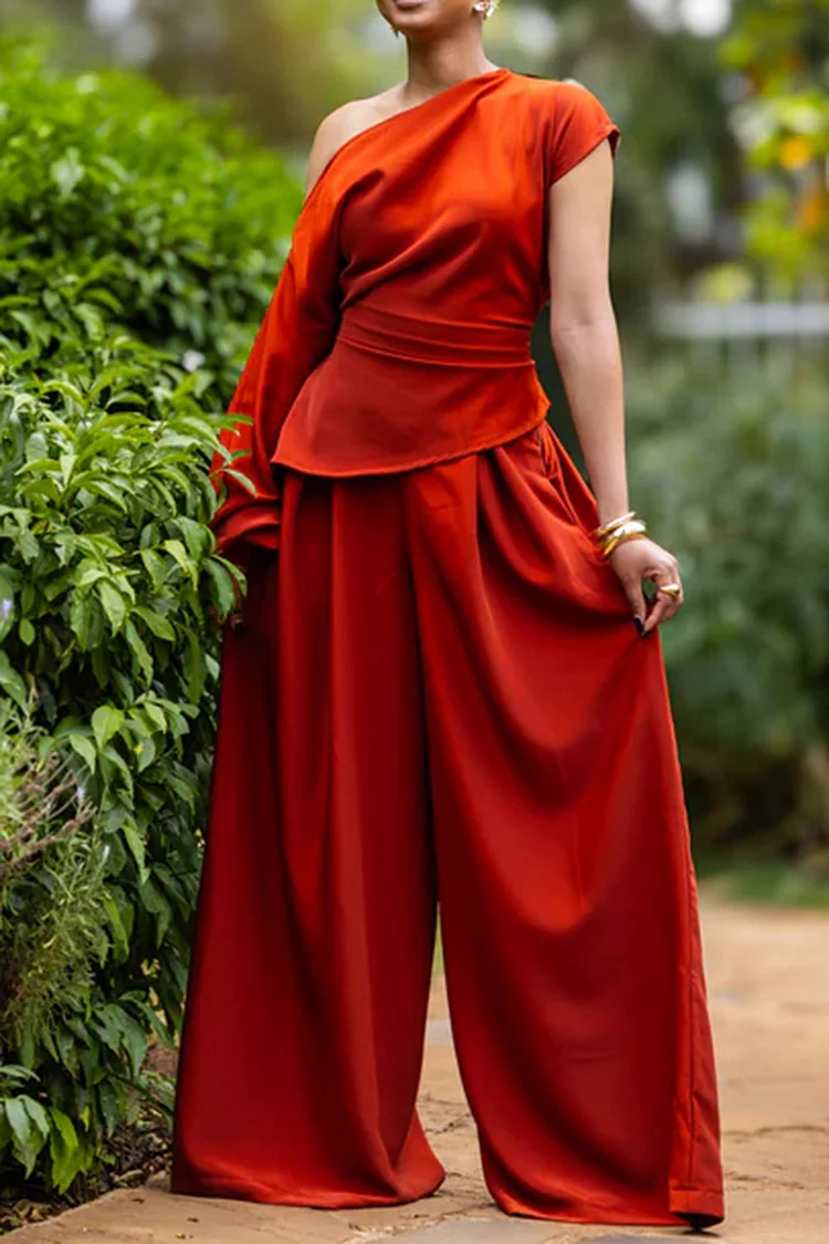 Plus Size Business Casual Black Asymmetrical Collar One Shoulder Long Sleeve Pocket Wide Leg Satin Two Piece Pant Sets [Pre-Order] 2024 - Xpluswear