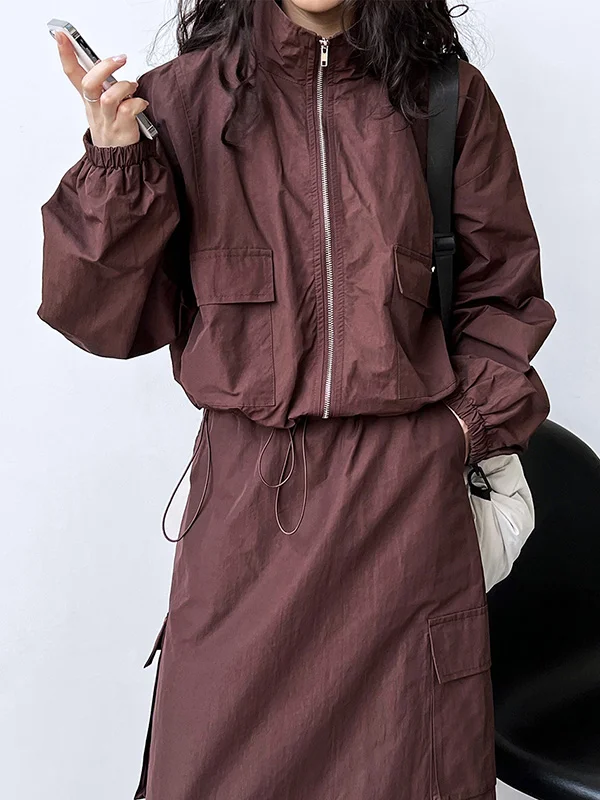 Drawstring Elasticity Long Sleeves Loose Pockets Solid Color Zipper Stand Collar Jacket Top + Split-Back Skirts Bottom Two Pieces Set