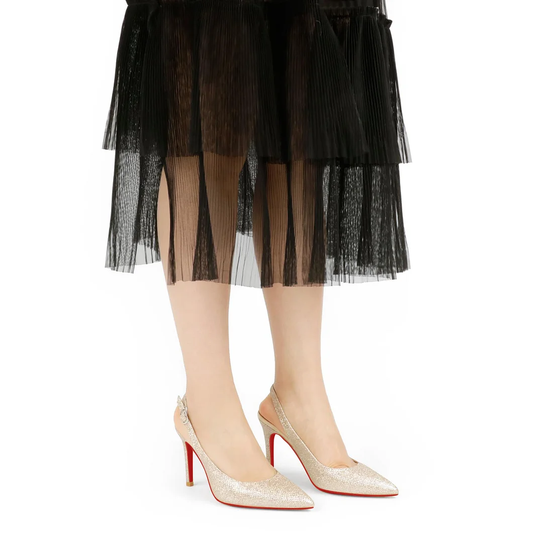 90mm Women's Mid Heels Red Bottoms Glitter Slingback Pumps  Daily Pointed Toe Party Wedding Sandals-MERUMOTE