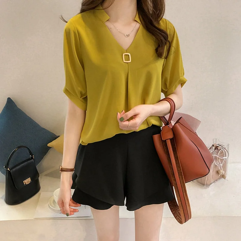 2021 Plus Size Summer Tops Blouse Solid V-neck Short Sleeve Chiffon Blouse Women Elegant Korean Loose Slim New Ladies Tops