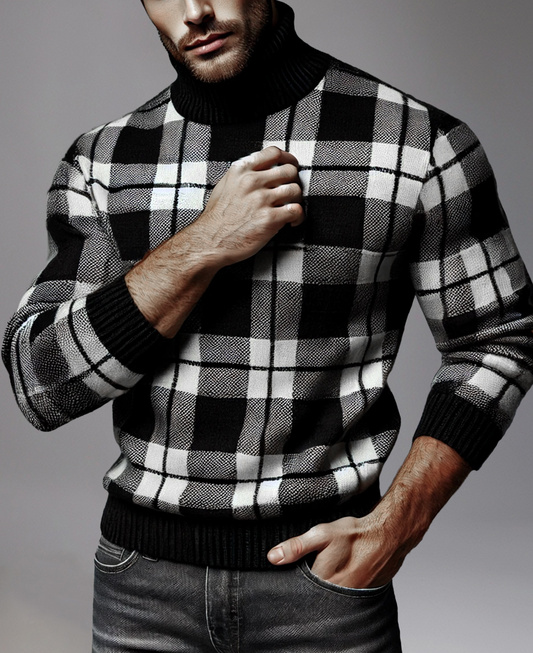 Okaywear Casual Knitted High Neck Long Sleeve Plaid Sweater