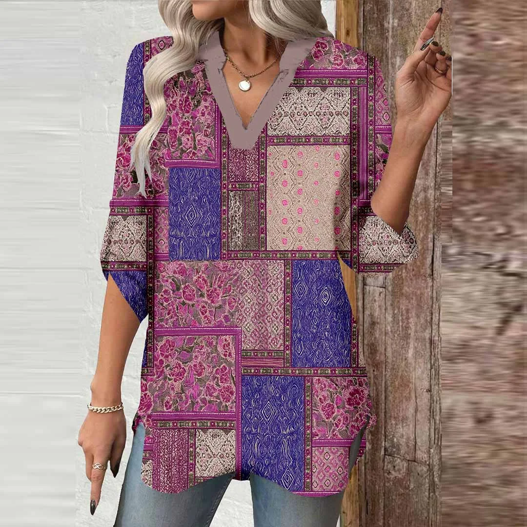 Women Patchwork, Purple, Red DZGA0481 3/4 Sleeve V-neck Printed Graphic Button Tops