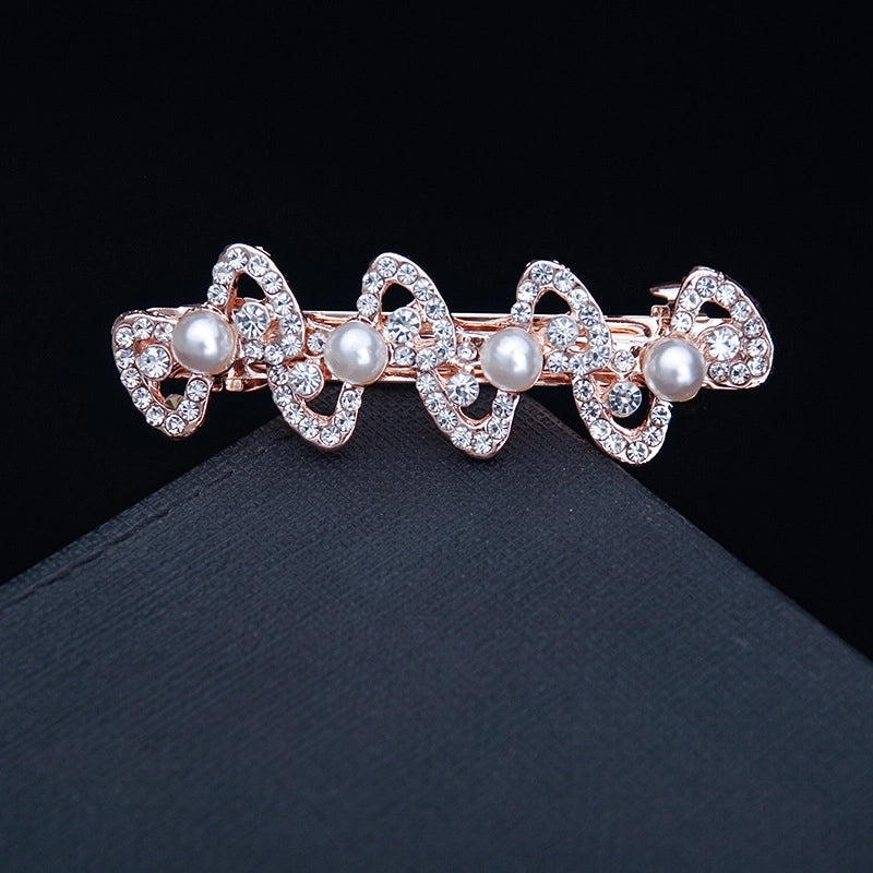Korean Hair Accessories Rhinestone Bow Simple Hairpin Adult Pearl Horizontal Clip Ponytail Clip Top Clip Spring Clip Small