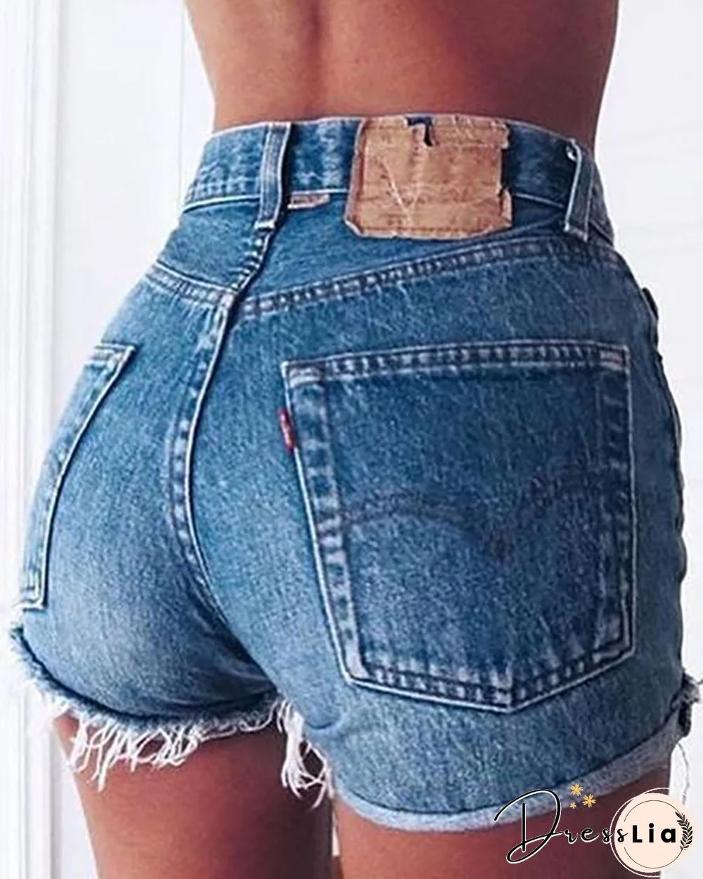 Pure Color High Waist Frayed Trim Jeans