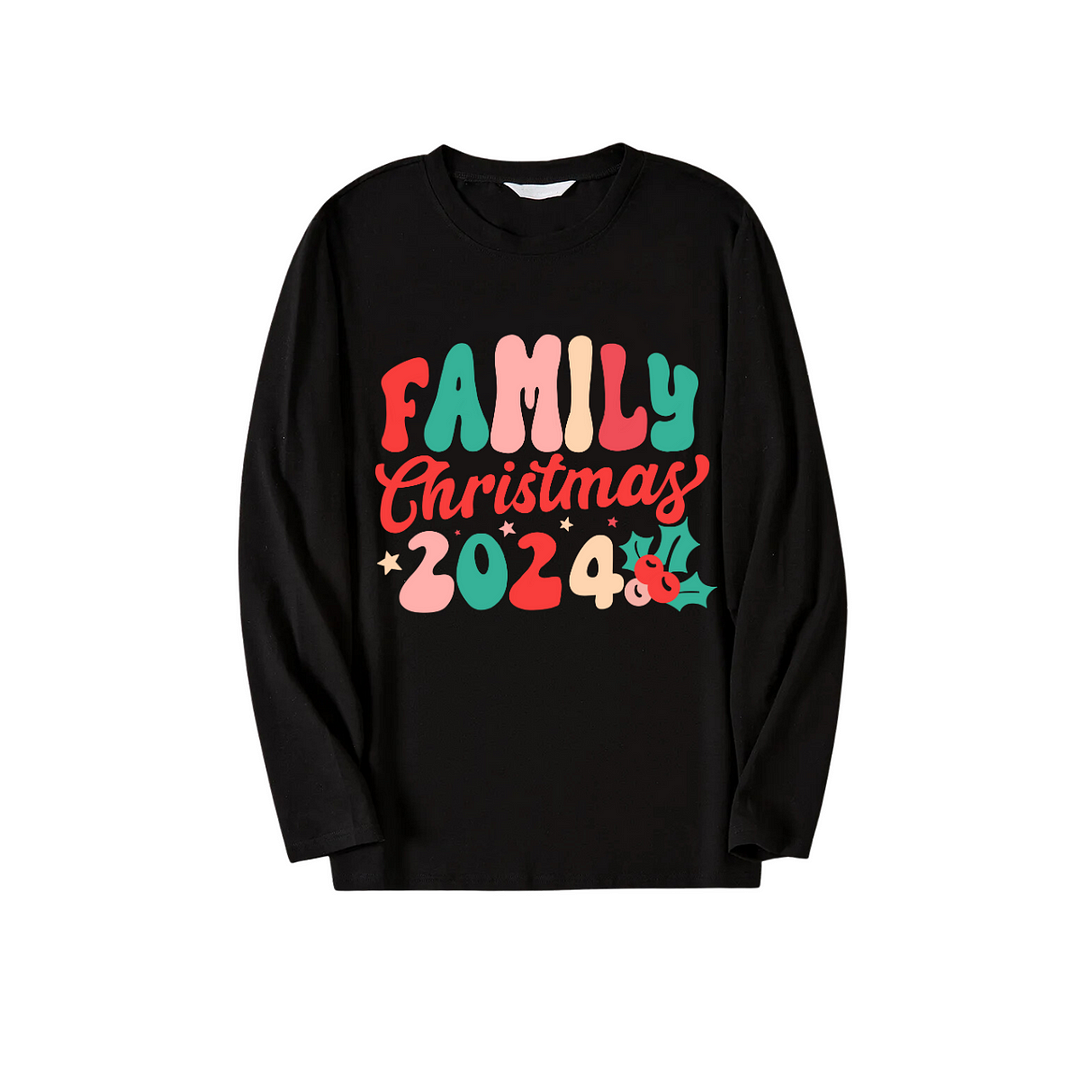 Christmas ‘ Family Christmas 2024’ Letter Print Black Long Sleeve Top with Green and Black Plaid Family Matching Pajamas