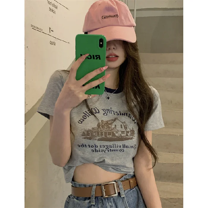 Brownm Brownm Print Short Sleeve T-Shirt Women's Color Round Collar Bottom Shirt 2024 Summer Hot Girl Short Student Top