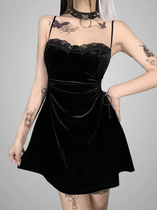 Velvet Lace Hollow Out Drawstring Backless Paneled Spaghetti Dress
