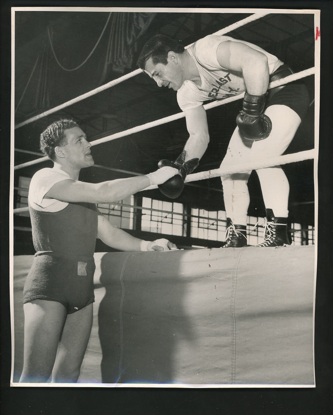 Rocky Graziano & Roy Wouters handshake before bout 1952 Press Wire Photo Poster painting