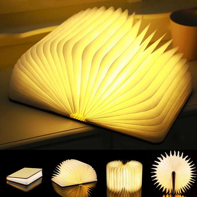 LED Book Night Light - 3D Foldable Wooden Magnetic Lamp with UsB Rechargeable Glow
