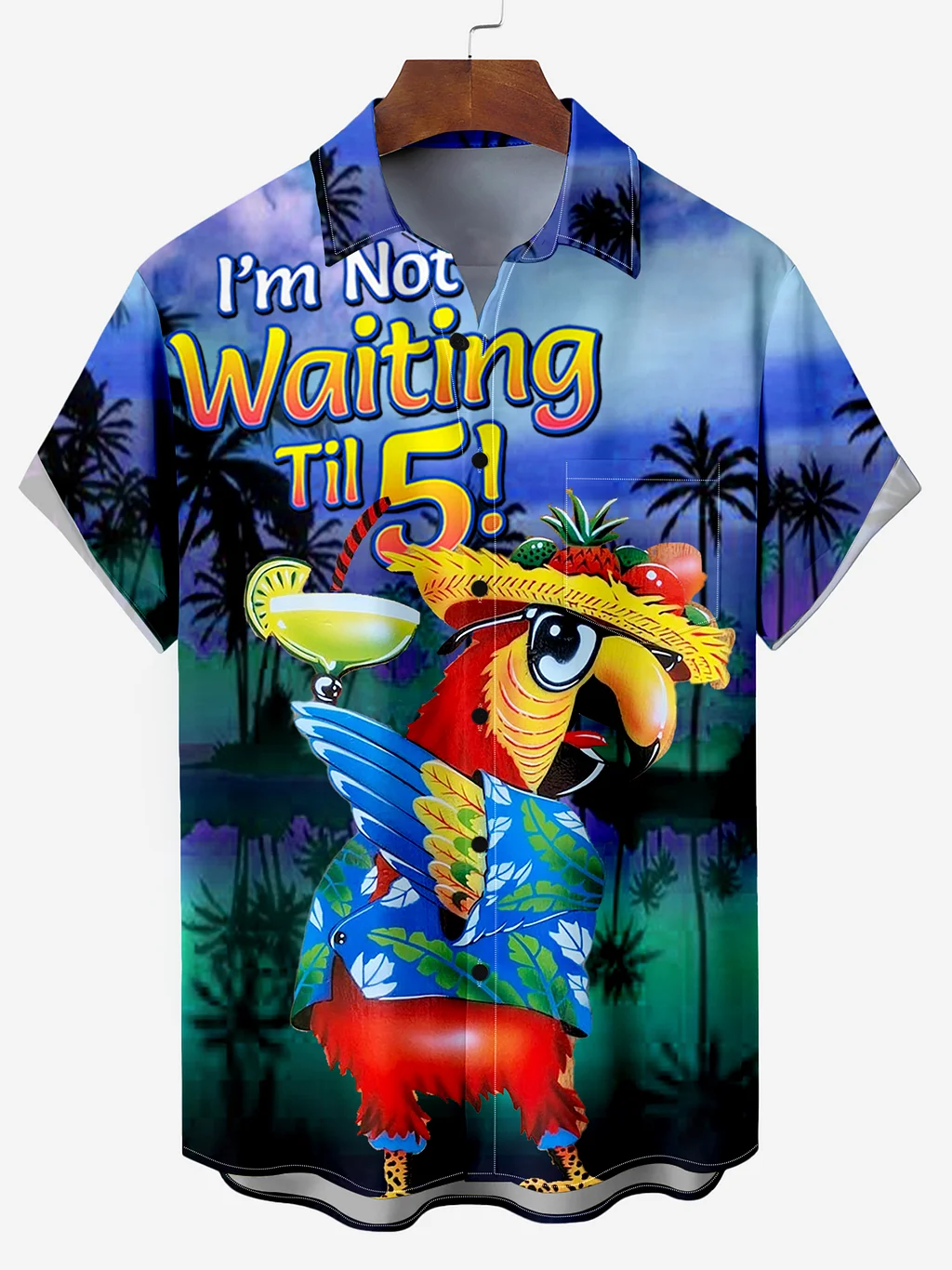 Men's Hawaii Vacation Coconut Tree Cartoon Agave Chest Pocket Print Shirt PLUSCLOTHESMAN