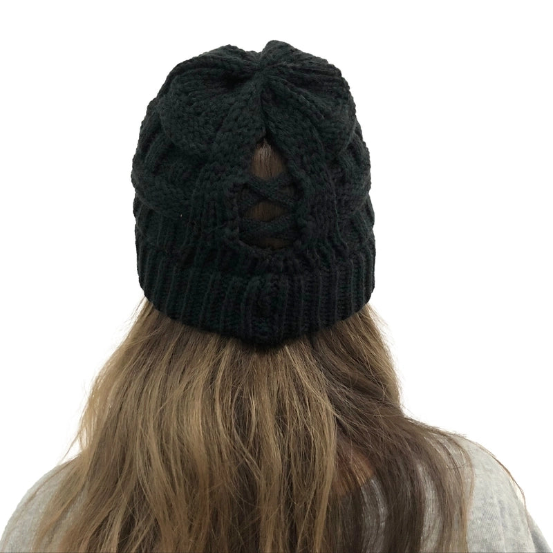 Wish New Bamboo Cross Ponytail Knitted Hat Back Opening Women’s Wool Warm Hat