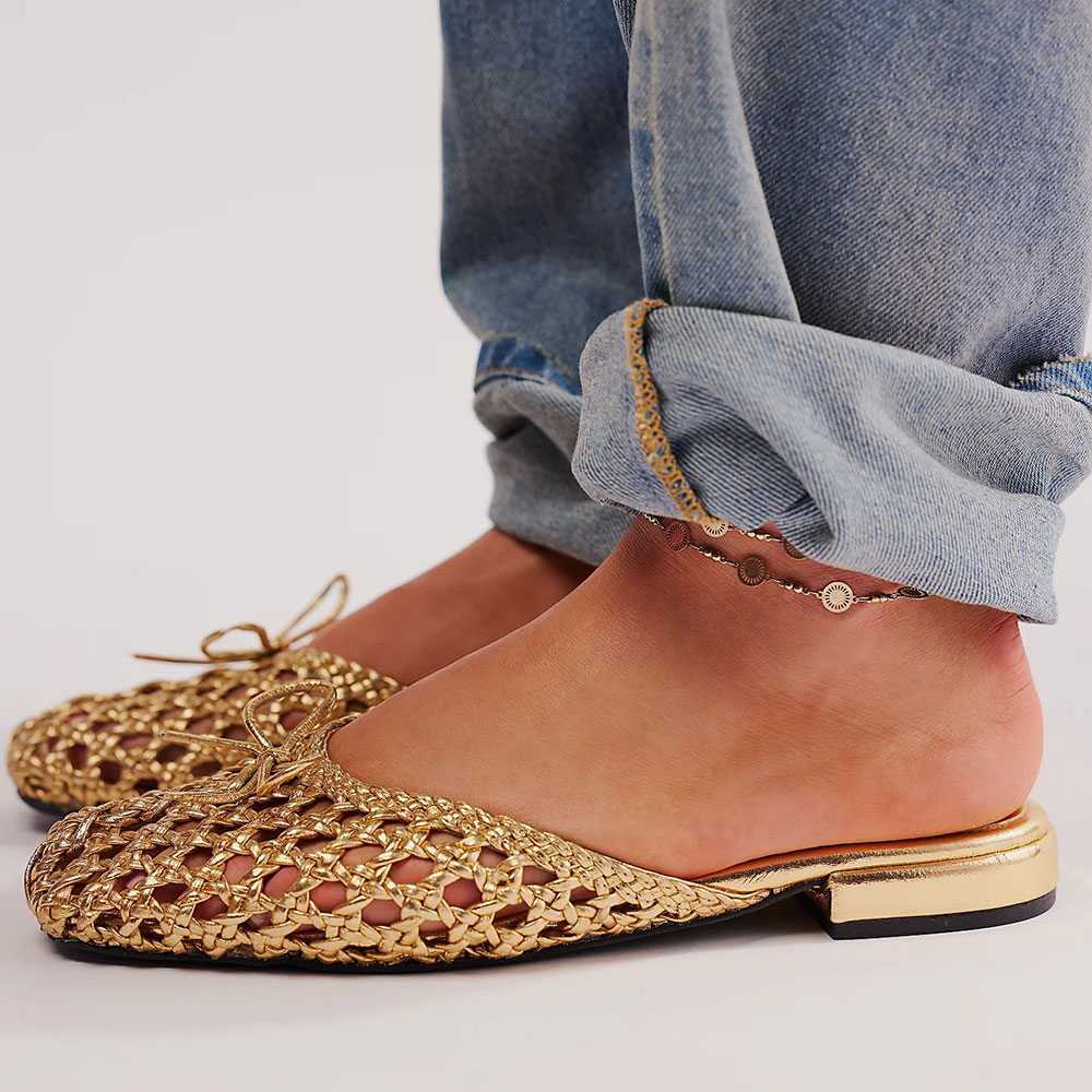 Gold Metallic Finish Square-Toe Woven Slip-On Comfy Flat Mules Nicepairs