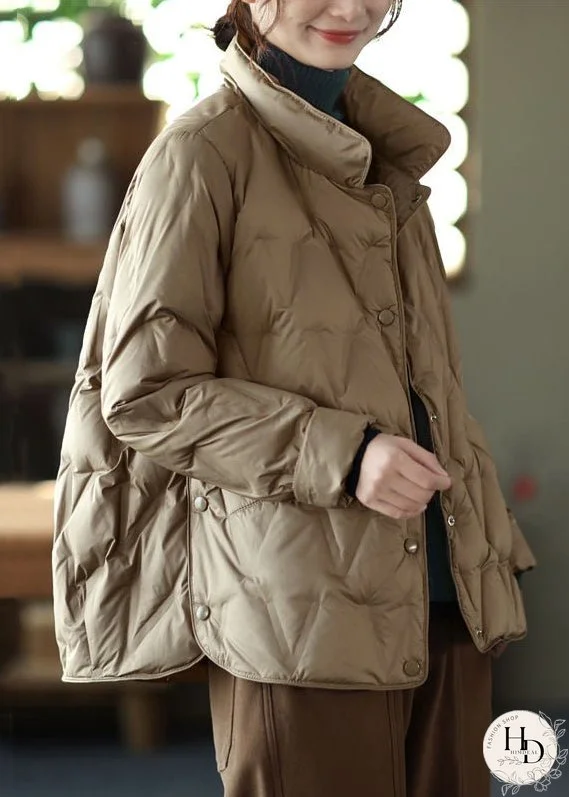 New Khaki Stand Collar Button Pockets Duck Down Coat Long Sleeve