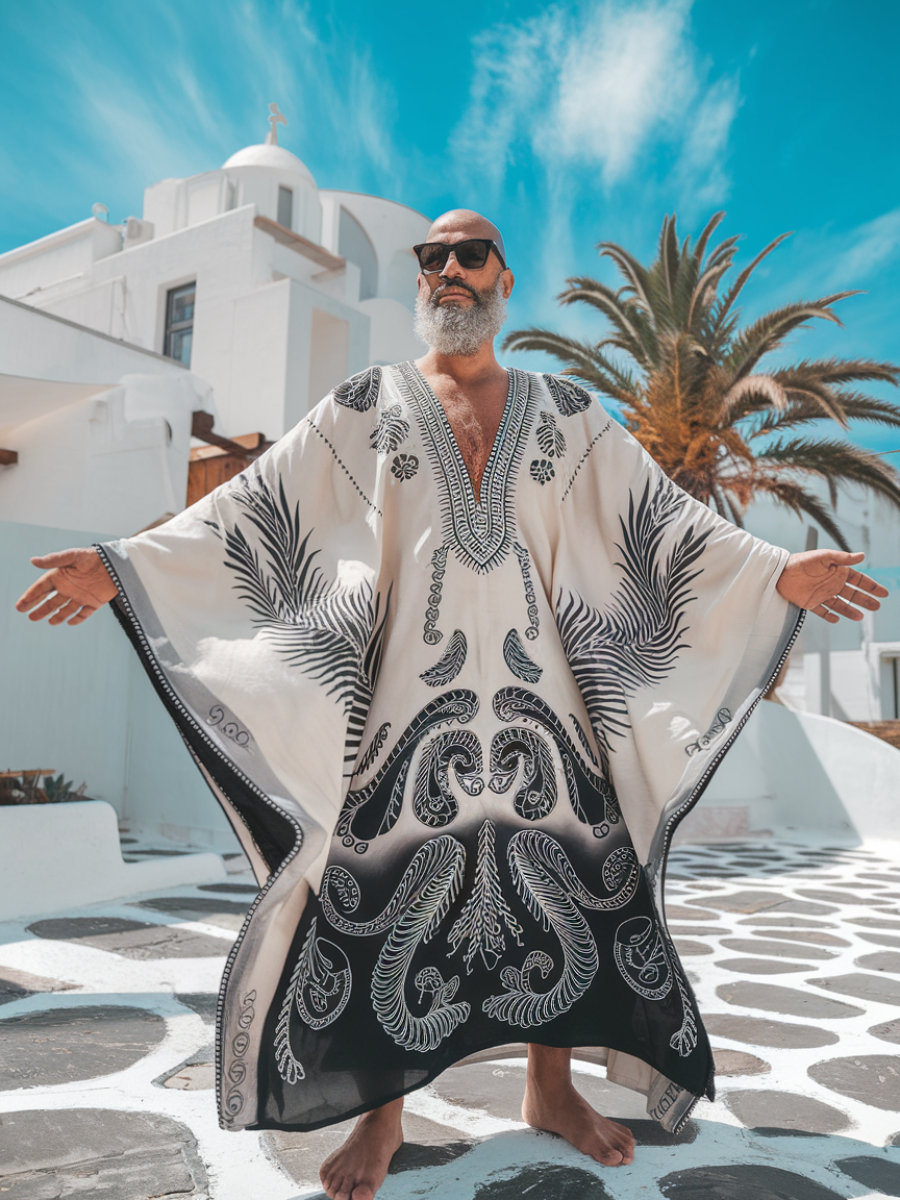 Men's Black and White Printed Polyester V-Neck Kaftan