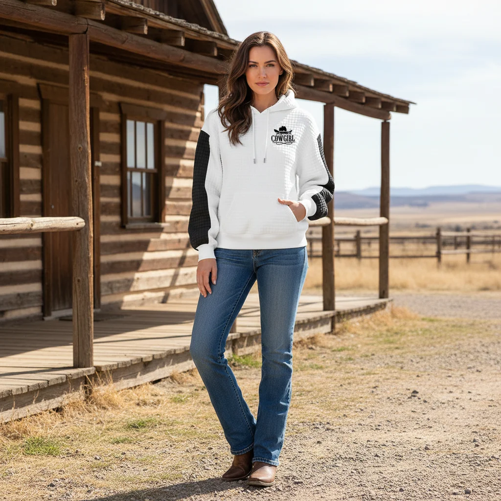 Women's Vintage Cowgirl White And Black Waffle Quilted Plaid Pocket Hoodie