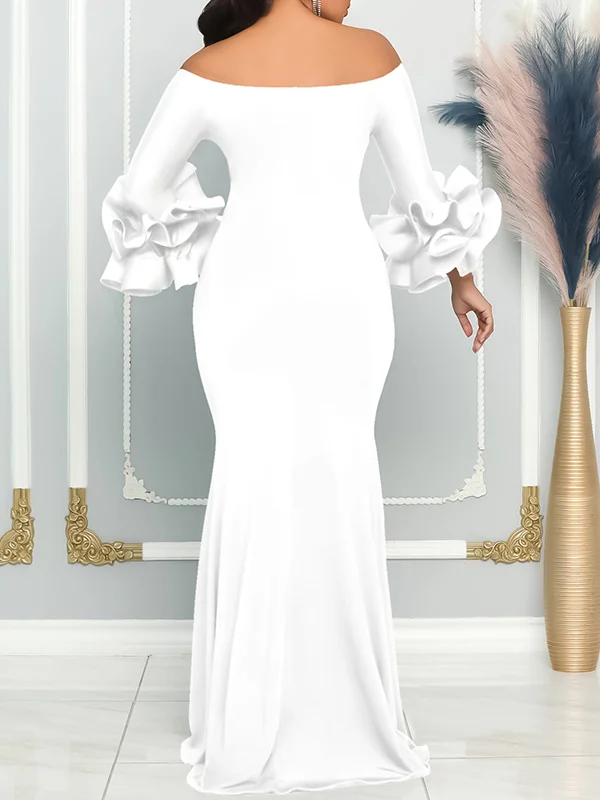 Split-side Solid Color Falbala Ruffle Sleeves Flared Sleeves Off-the-shoulder Maxi Dresses