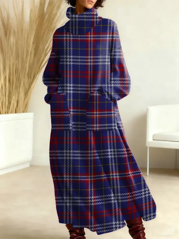 Women's Vintage Plaid Art Print Casual Cotton Knitted Dress