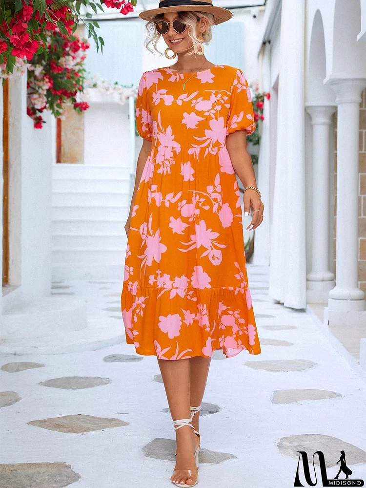 Floral Puff Sleeve Ruffle Hem Midi Dress