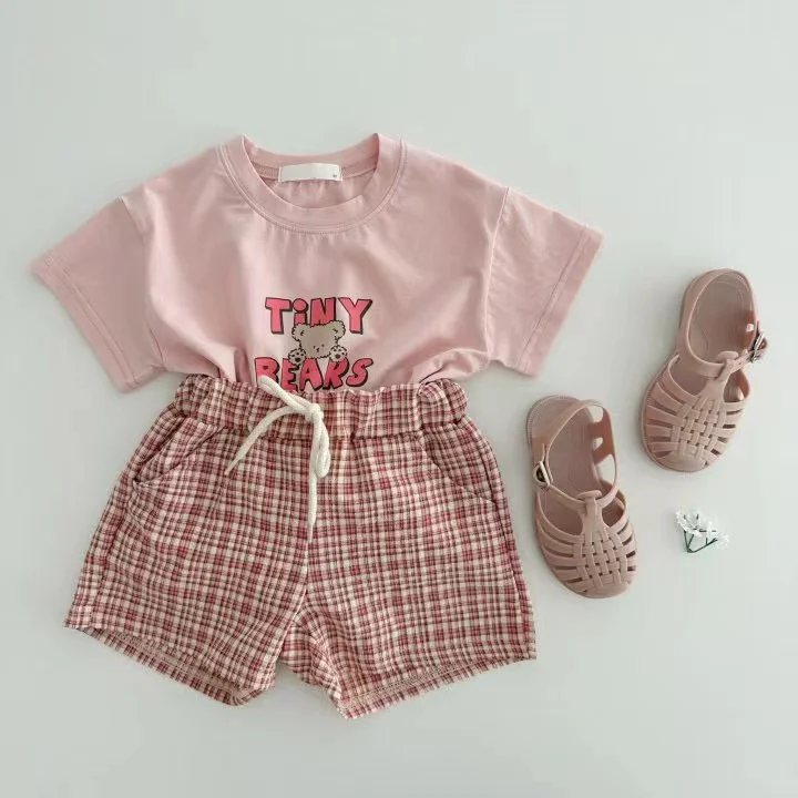 2pcs Baby Toddler Boy/Girl Bear & Letter Print Short Sleeve T-shirt and Plaid Shorts Set