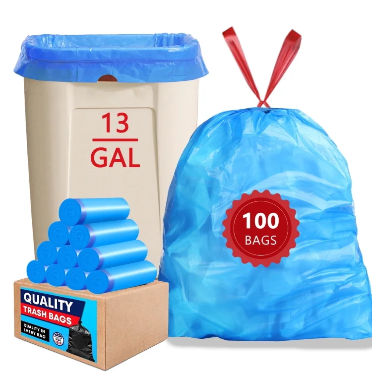 13 gallon Trash Bags Drawstring (Count 100), Tall Kitchen Garbage Bags, Blue