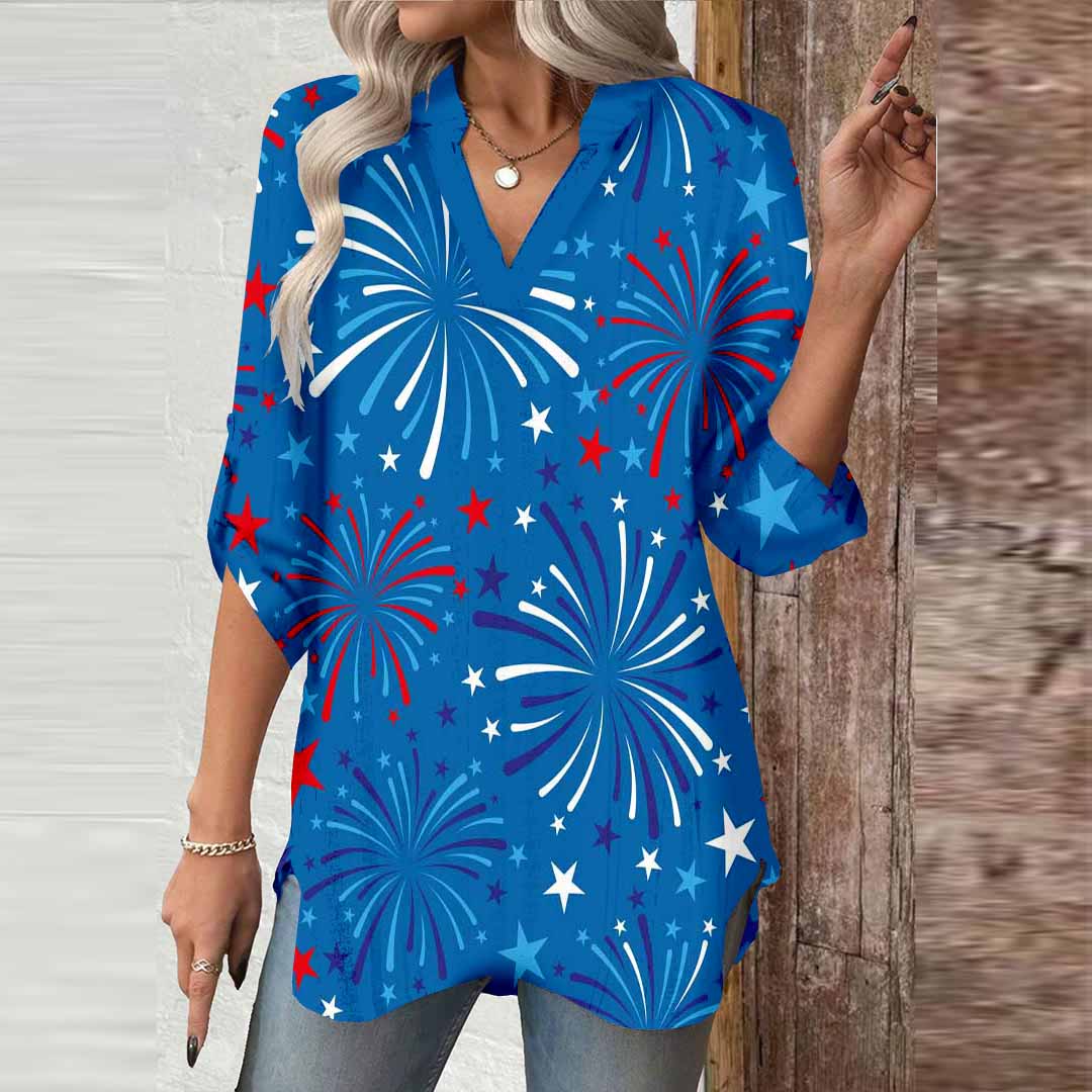 Women  Independence Day, Star, Striped, Blue, Red DZGA0224 3/4 Sleeve V-neck Printed Graphic Button Tops