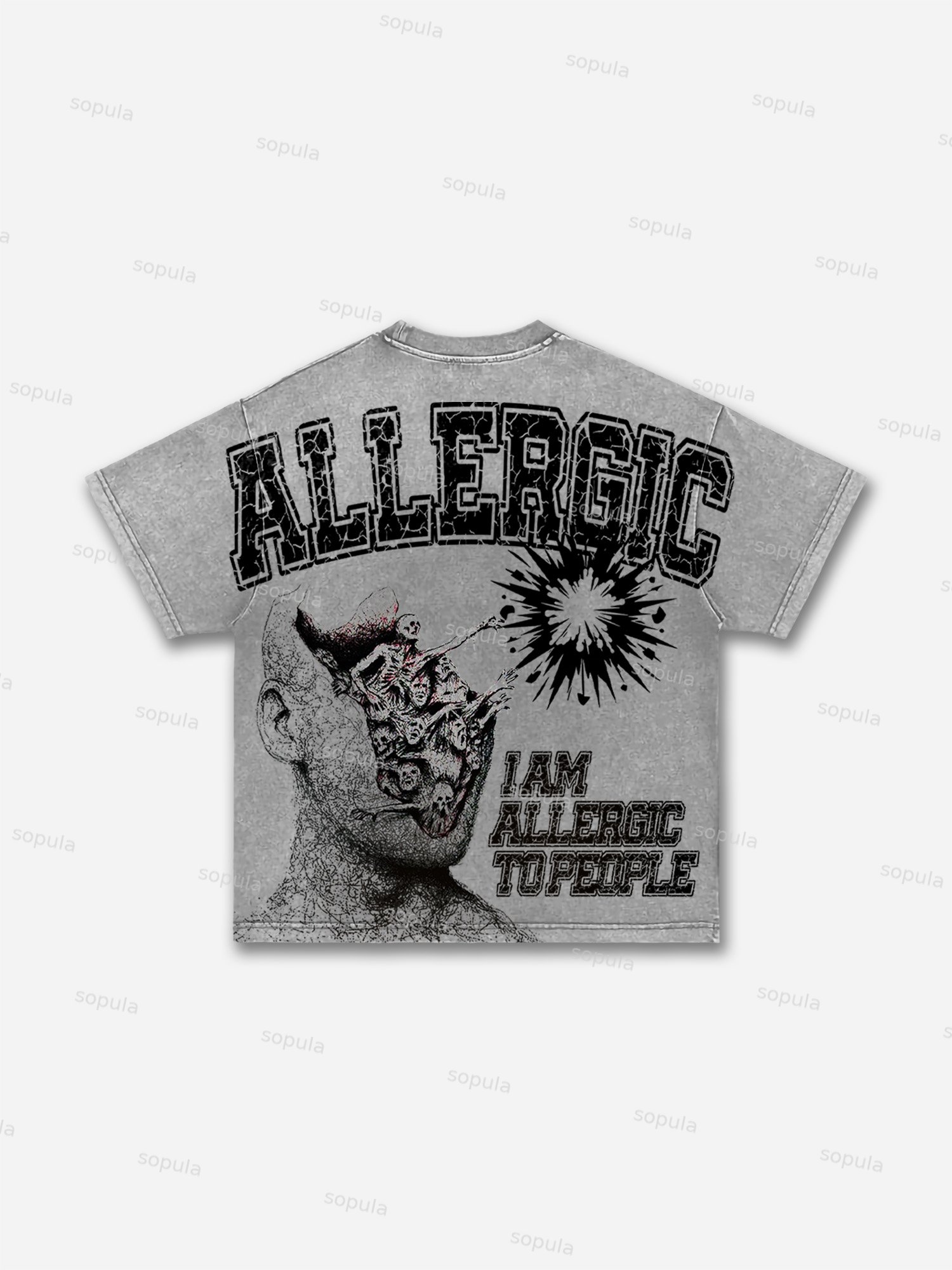 I Am Allergic To People Print Acid Wash T-shirt - SOPULA